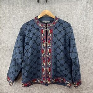 Icelandic Designs Wool‎ Zip Cardigan Sweater Women's Large Floral Blue Vintage
